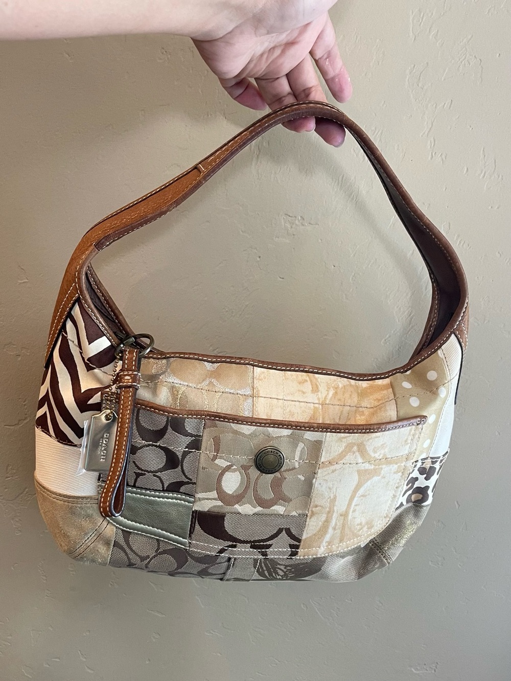 Coach Ergo Patchwork Shoulder Hobo Bag Brown Cream tan animal print y2k leopard